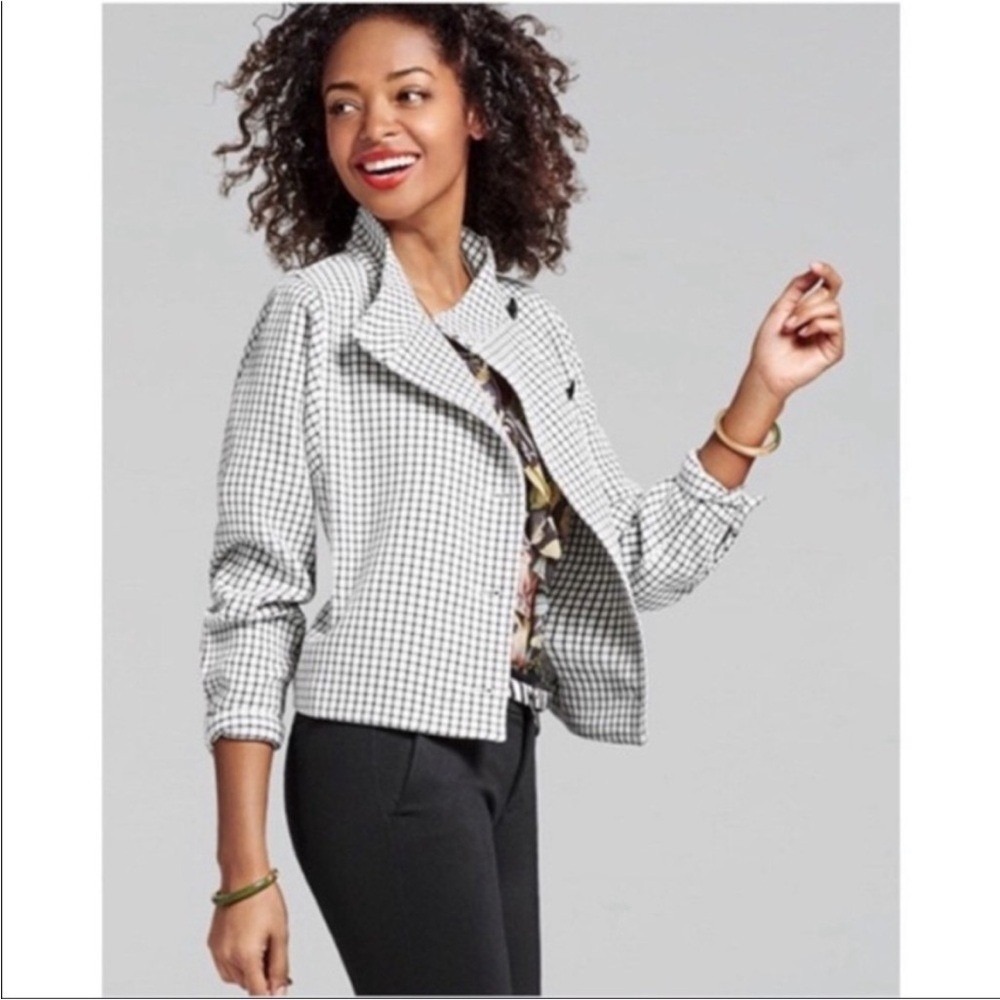 Cabi 3173 Windowpane Check Blazer Jacket Black White XXS Cropped Crest Button - Picture 3 of 10